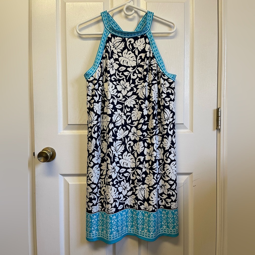 Navy Blue and White Floral Midi Dress with Turquoise Blue Trim